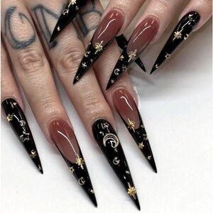 NYE Gold Celestial Moon Festival Witch 24 Piece Stiletto Faux Nails